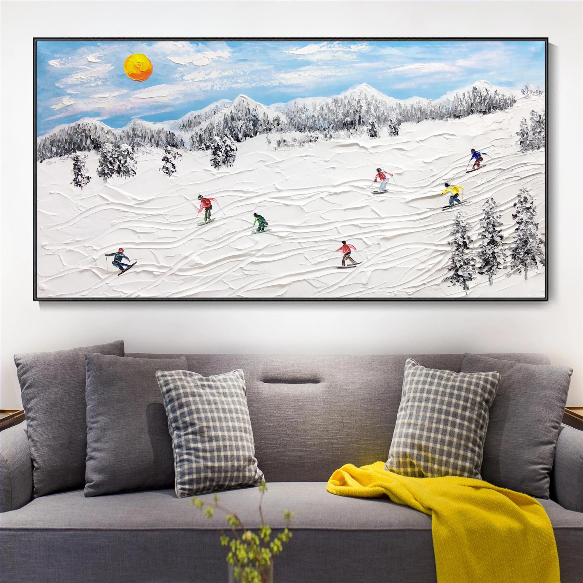 Skieur sur Montagne enneigée art mural Sport Noir Décor de salle de ski de neige par Couteau 18 Peintures à l'huile
